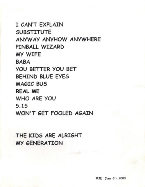 The Who - Javits Center, NY, New York - Set List - June 6, 2000