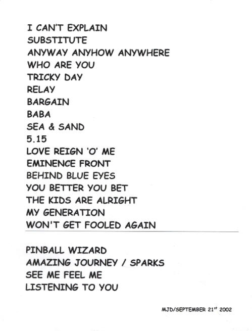 The Who - Dallas, Texas - September 21, 2002 Set List
