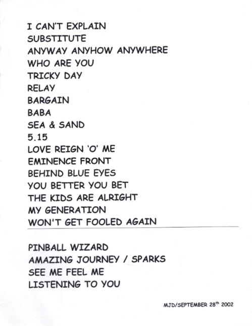 The Who - Air Center Toronto, Ontario - Setlist - September 28, 2002 Canada