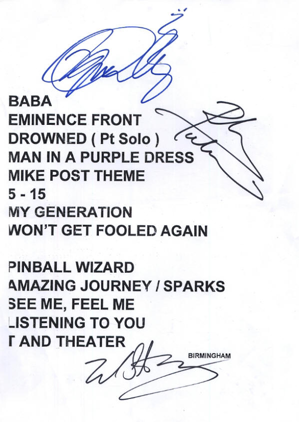 The Who - Autographed Set List from Birmingham, UK - 05/27/07