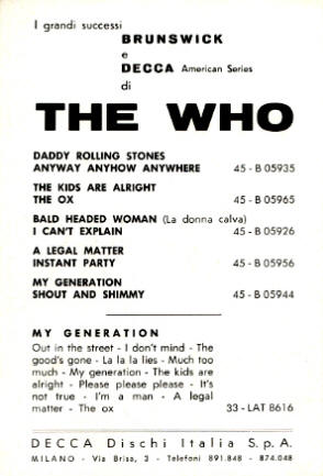 The Who - My Generation Promo Card - 1965 Italy