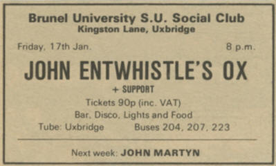 John Entwistle - John Entwistle's Ox - Brunel University - January 17, 1975 UK Ad