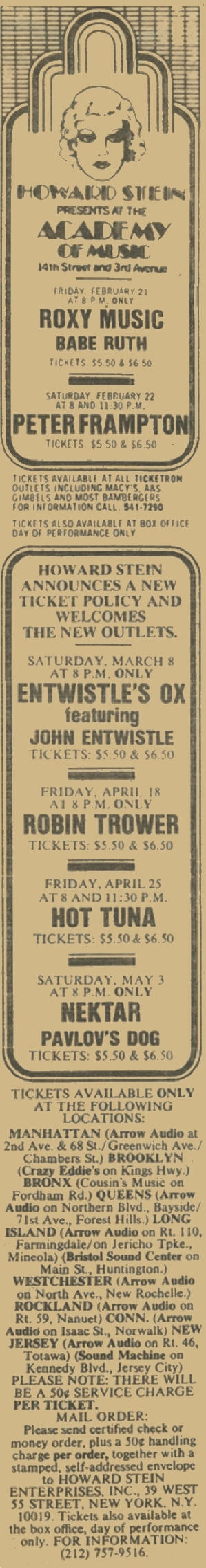 John Entwistle - Academy Of Music - March 8, 1975 USA Ad