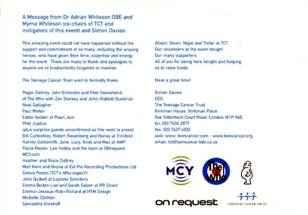 The Who - 2000 UK - Teenage Cancer Trust (TCT)/Royal Albert Hall Promotional Package
