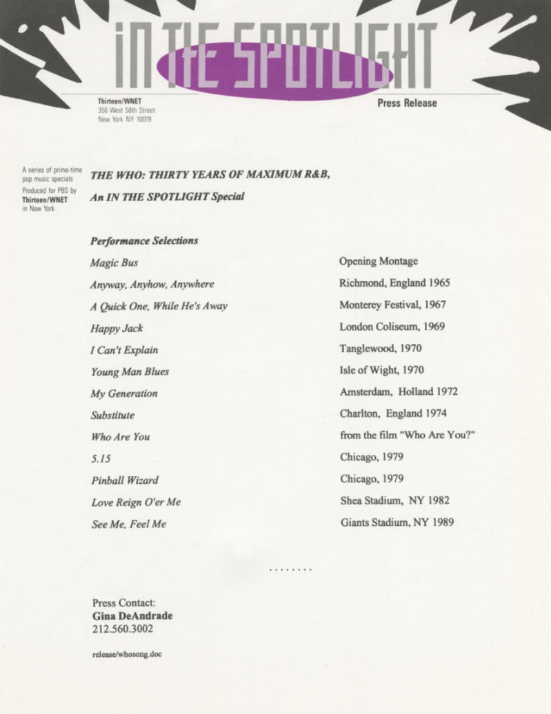 The Who - Thirty Years Of Maximum R&B - 1994 USA Press Kit