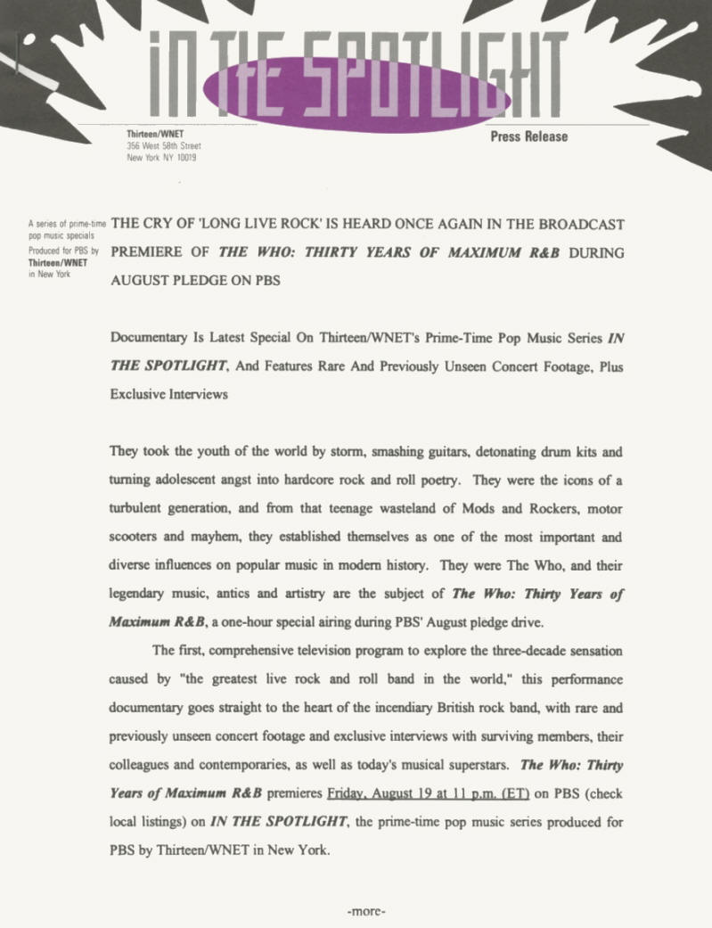 The Who - Thirty Years Of Maximum R&B - 1994 USA Press Kit