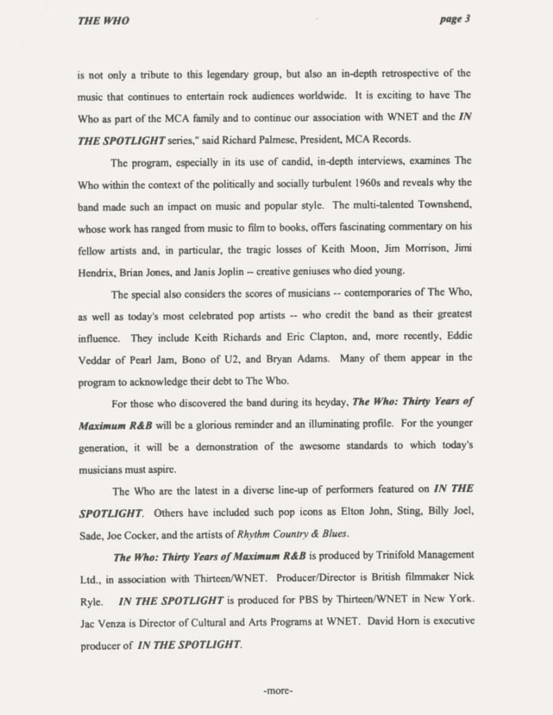 The Who - Thirty Years Of Maximum R&B - 1994 USA Press Kit