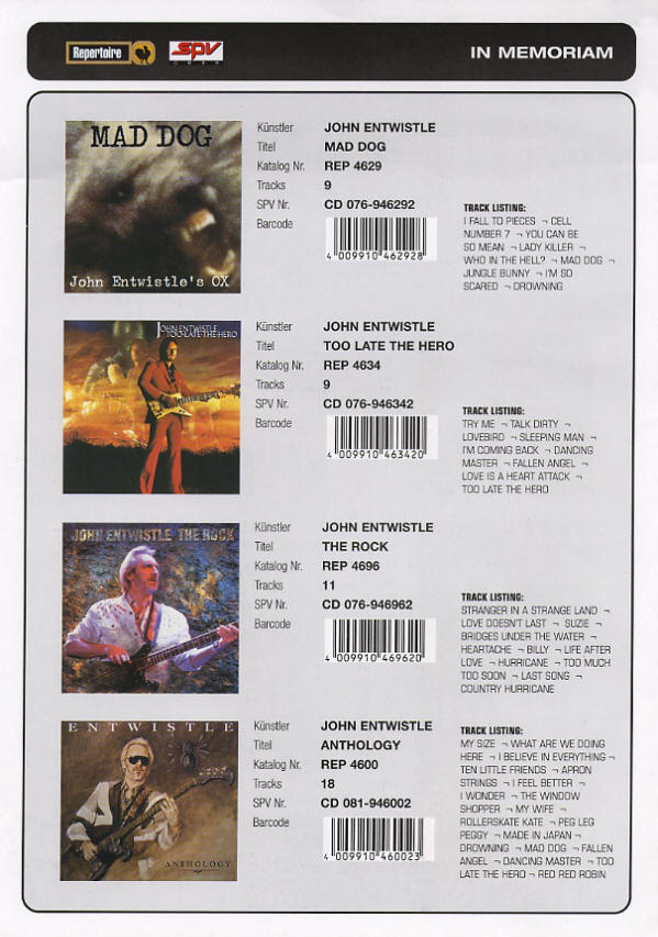 John Entwistle - Repertoire/SPV Catalog - 2006 Germany Press Kit