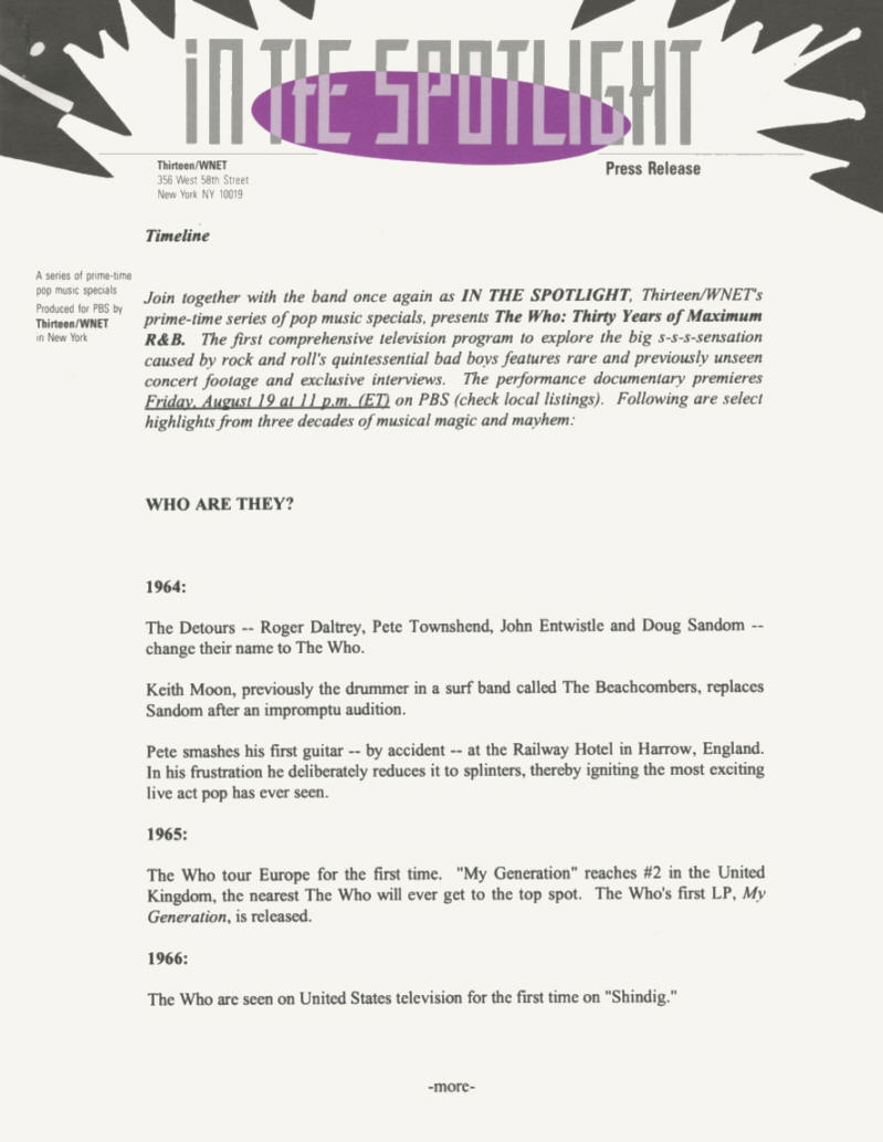 The Who - Thirty Years Of Maximum R&B - 1994 USA Press Kit