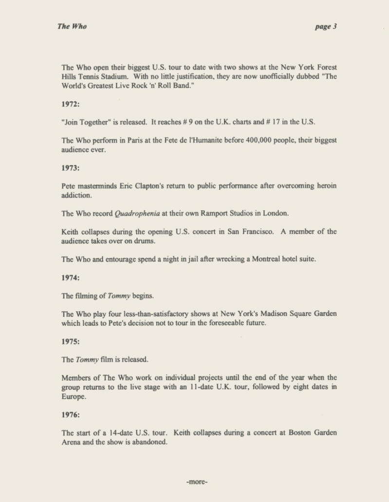 The Who - Thirty Years Of Maximum R&B - 1994 USA Press Kit