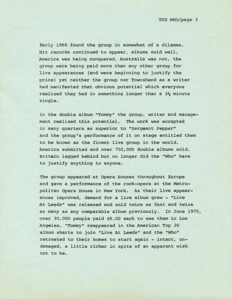 1971 - The Who - USA Press Kit