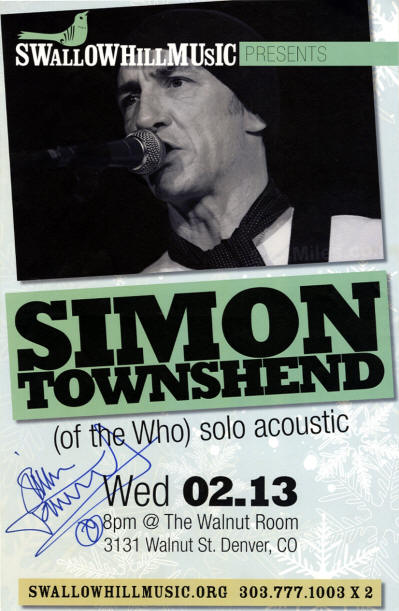 Simon Townshend - The Walnut Room - Denver, CO - February 13, 2013 USA (Autographed)