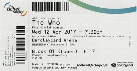 The Who - Pete Townshend Autographed Setlist - April 12, 2017 Birmingham UK