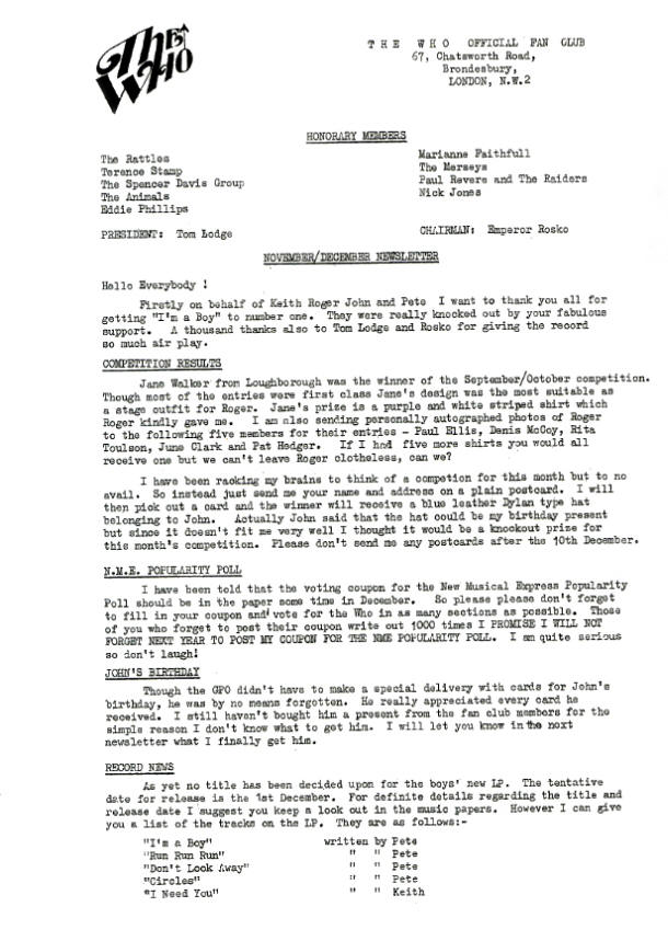 The Who - November/December 1966 - Who Fan Club Newsletter - 1966 UK