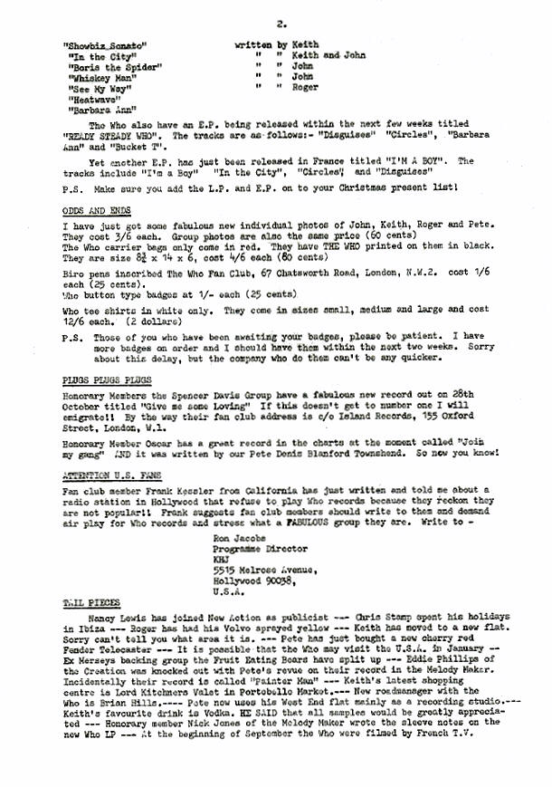 The Who - November/December 1966 - Who Fan Club Newsletter - 1966 UK
