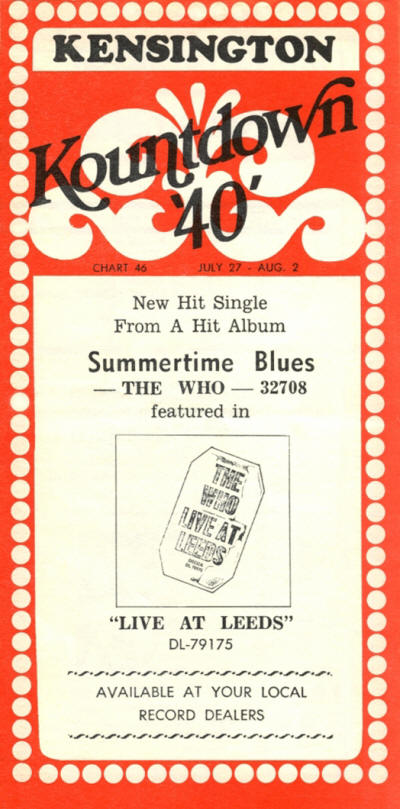 The Who - Summertime Blues / Live At Leeds - 1970 Canada Ad