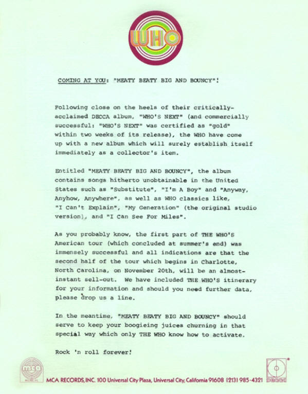 The Who - 1971 USA Meaty Beaty Big & Bouncy Press Kit