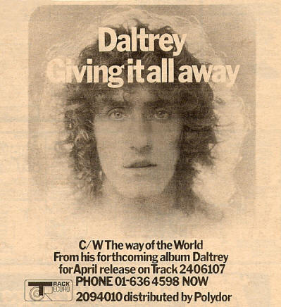 Roger Daltrey - Giving It All Away - 1973 UK