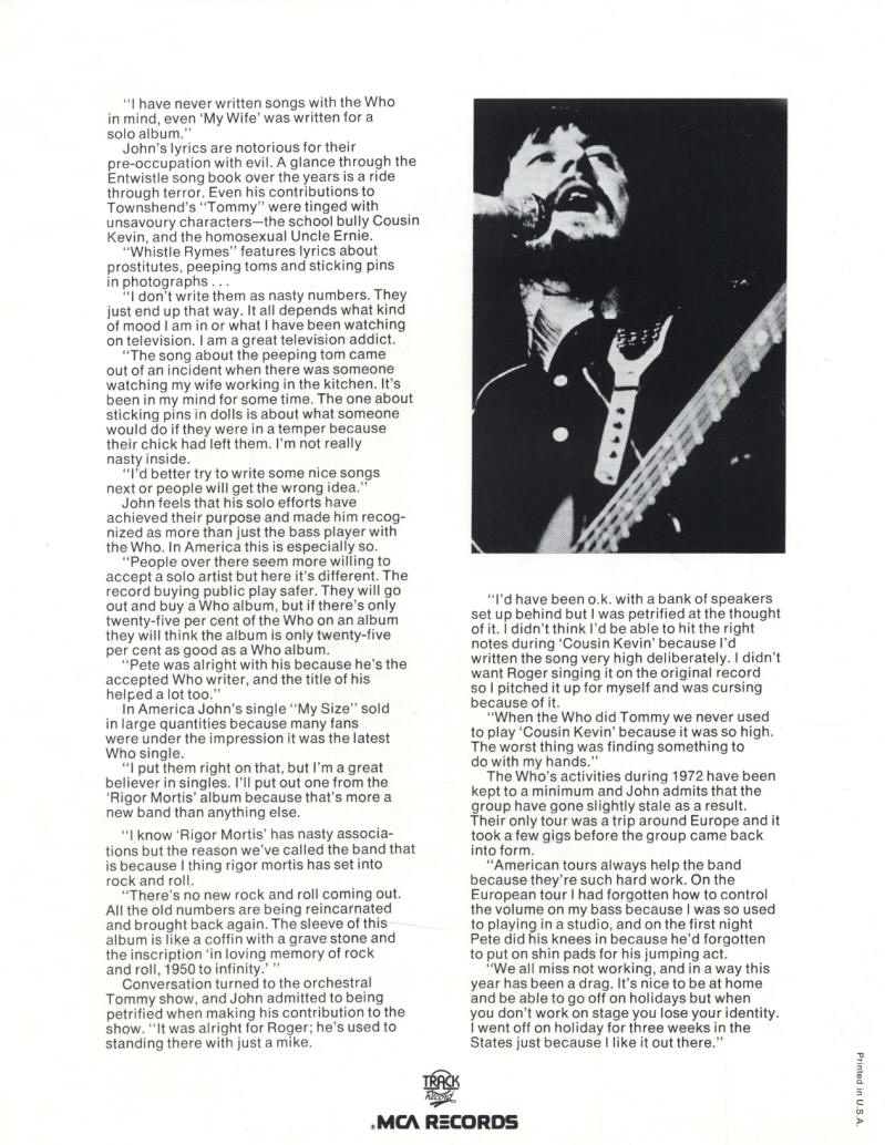 John Entwistle - Rigor Mortis - 1973 USA Press Kit