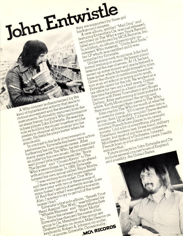 John Entwistle - 1974 USA - Press Kit