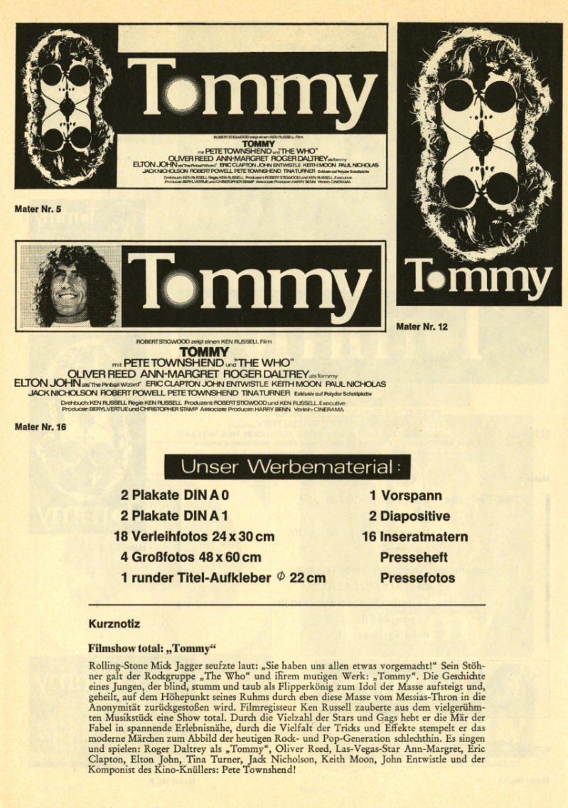 The Who - Tommy - 1975 Germany Press Kit