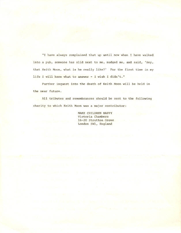 The Who - Keith Moon's Death - 1978 USA MCA Press Release