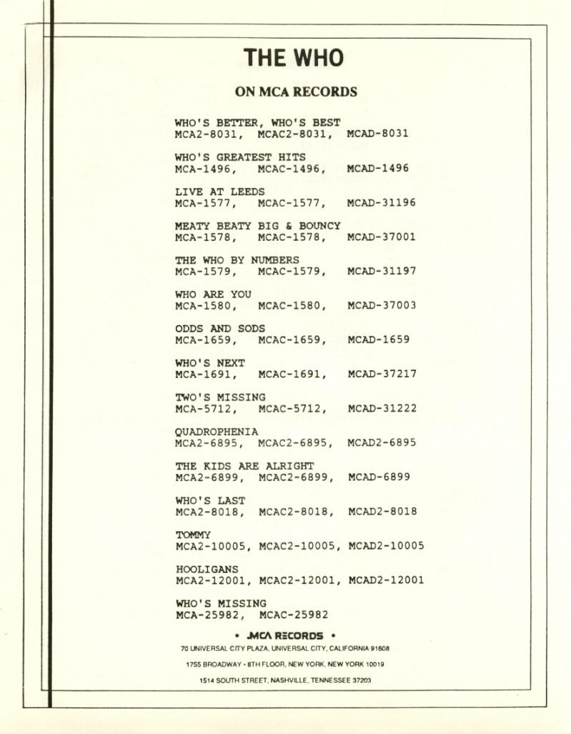 The Who - Who's Better, Who's Best - 1988 USA Press Kit