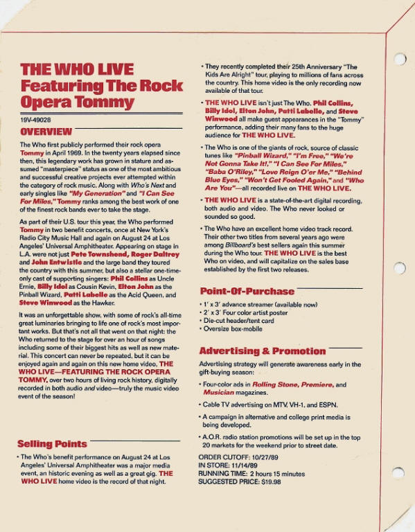 The Who - The Who Live - 1989 USA Press Kit