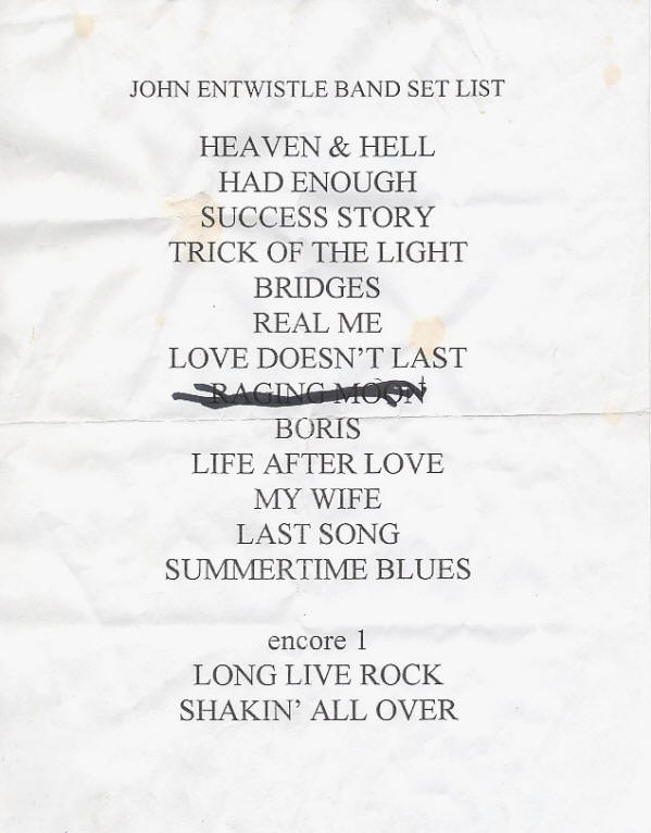 John Entwistle Band - 1996 USA Setlist