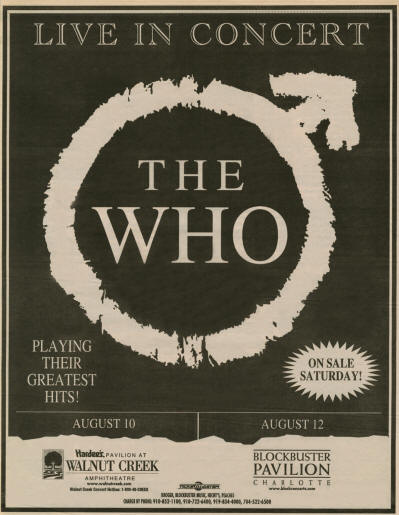 The Who - Walnut Creek, Raleigh, NC & Blockbuster Pavilion, Charlotte, SC - August 10-12, 1997 USA Ad