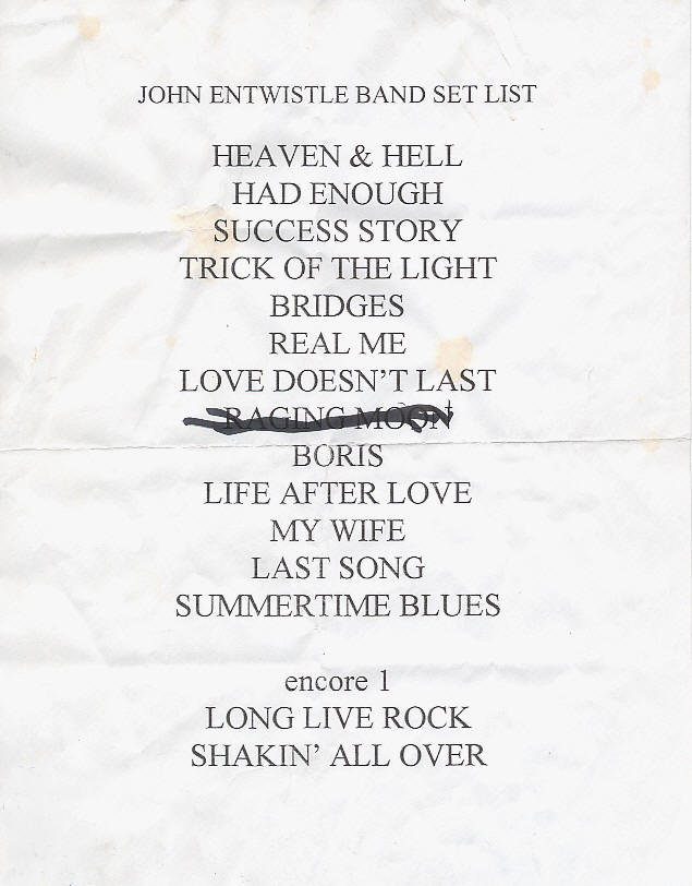 John Entwistle 1996 Tour Set List