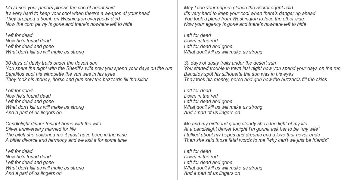 John Entwistle - Left For Dead - Lyrics For Version 1 & Version 2