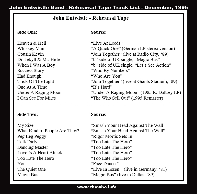 John Entwistle Band - Rehearsal Tape Track List - December, 1995