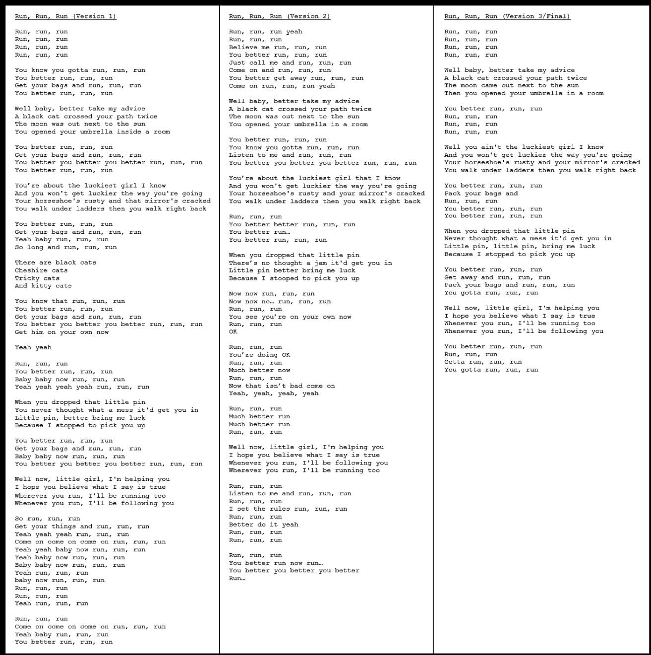 Pete Townshend - Run, Run, Run - 1966 Lyrics (Version 1, Version 2, Version 3)