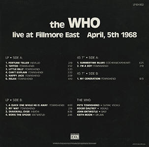 The Who - Live At The Fillmore East - 04-05-68 - LP (Back Cover)