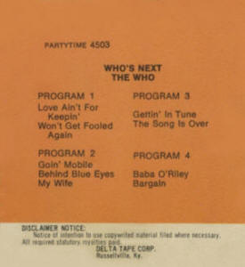 The Who - Who's Next - Party Time 8-Track (Back Cover)